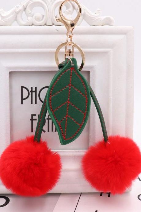 Lovely Cherry Leaf Bag Pendant Real Rex Rabbit Hair Ball Keychain Lady Fur Cherry Hair Ball Pendant-6