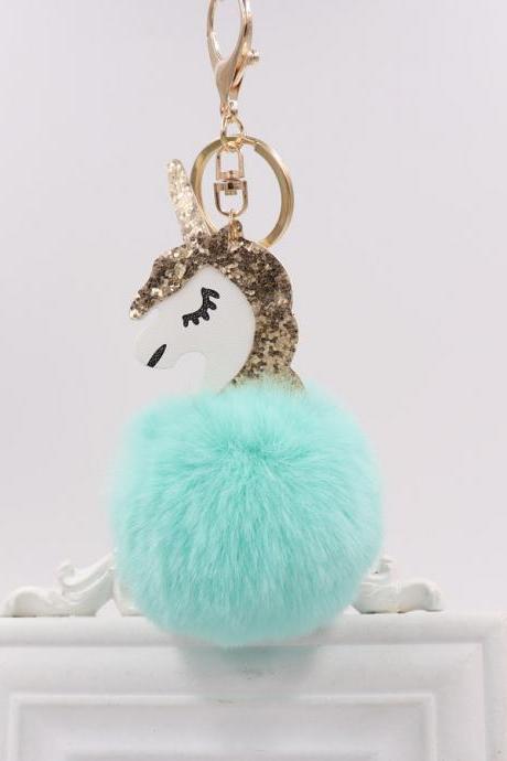 Unicorn key chain imitation Rex rabbit hair ball pendant cute pony bag key chain Plush Pendant-3