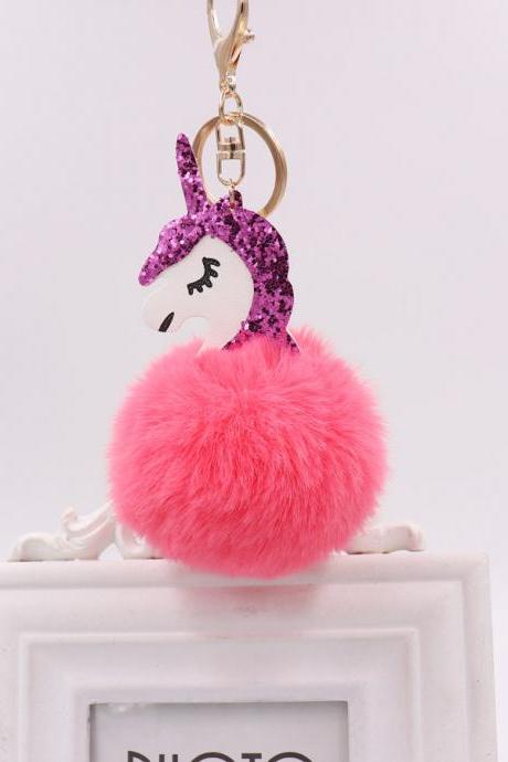 Unicorn Key Chain Imitation Rex Rabbit Hair Ball Pendant Cute Pony Bag Key Chain Plush Pendant-10