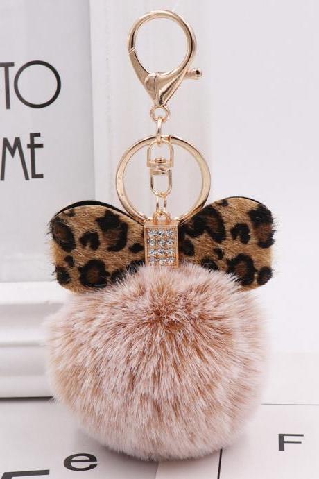 Popular Leopard Pattern Bow Plush Key Ring Creative Gift Simulation Plush Ball Bag Pendant-1