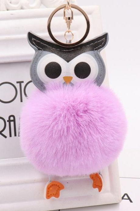 Owl hairball key chain PU leather cartoon Plush Doll pendant bag car pendant-3