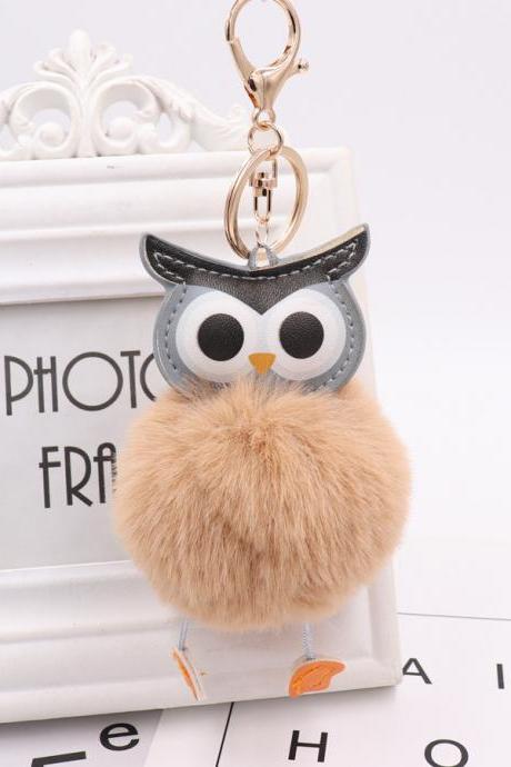 Owl hairball key chain PU leather cartoon Plush Doll pendant bag car pendant-11