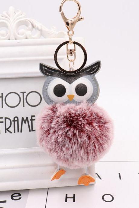 Owl hairball key chain PU leather cartoon Plush Doll pendant bag car pendant-16
