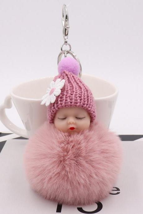 Cute Sleeping Doll Plush Key Ring Daisy Flower Woolen Hat Doll Doll Bag Car Pendant-3