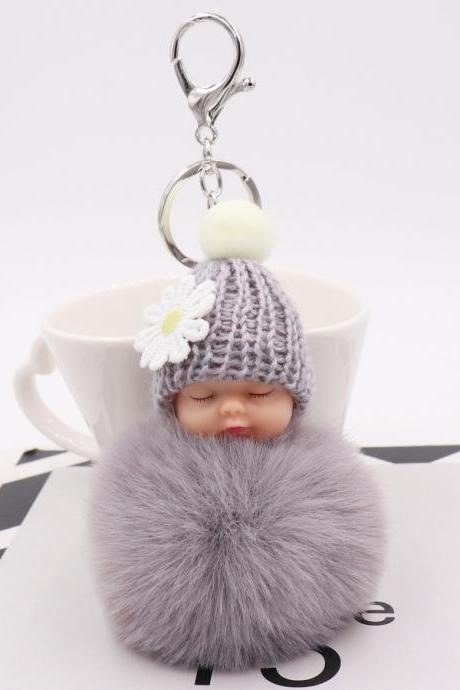 Cute Sleeping Doll Plush Key Ring Daisy Flower Woolen Hat Doll Doll Bag Car Pendant-7