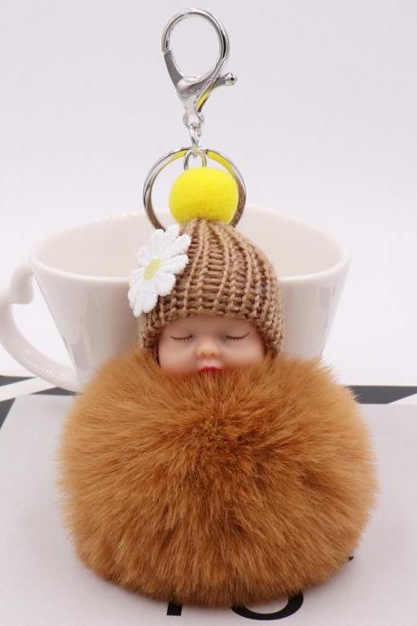 Cute Sleeping Doll Plush Key Ring Daisy Flower Woolen Hat Doll Doll Bag Car Pendant-9
