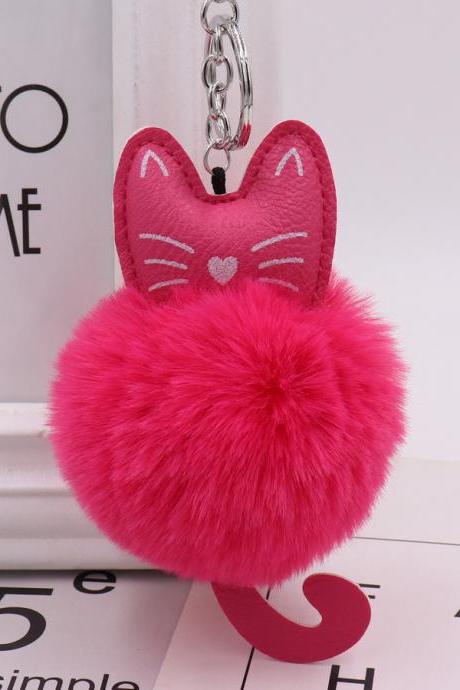Cute Color Kitty Plush Key Ring Imitation Fur Pu Leather Kitty Doll Bag Pendant Car Pendant-2