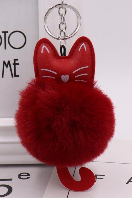 Cute Color Kitty Plush Key Ring Imitation Fur Pu Leather Kitty Doll Bag Pendant Car Pendant-7