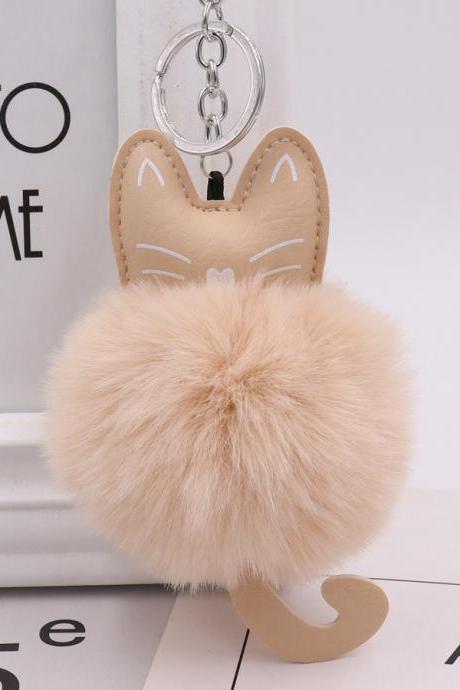 Cute Color Kitty Plush Key Ring Imitation Fur Pu Leather Kitty Doll Bag Pendant Car Pendant-8