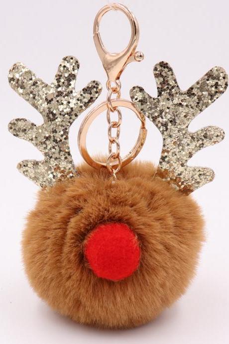 Sequin Elk Christmas Keychain Christmas Antler Plush Keychain Lady's Bag Keychain Gift-10