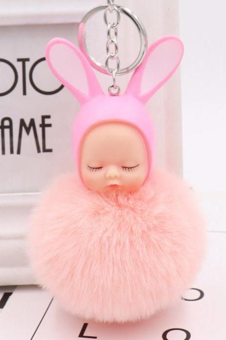 Cute Sleeping Doll Hair Ball Keychain Creative Cartoon Car Keychain Plush Doll Bag Pendant-1
