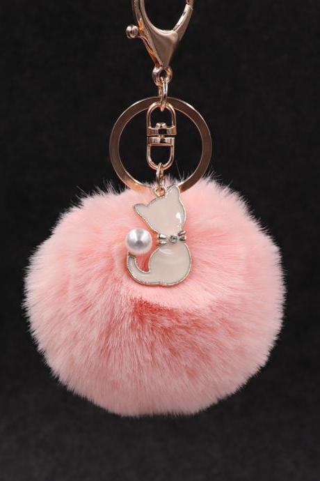 Lovely Pearl Cat Pendant Imitation Rex Rabbit Fur Ball Key Ring Lady Fur Bag Pendant Plush Pendant-1