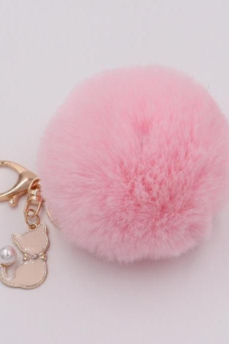 Lovely Pearl Cat Pendant Imitation Rex Rabbit Fur Ball Key Ring Lady Fur Bag Pendant Plush Pendant-7
