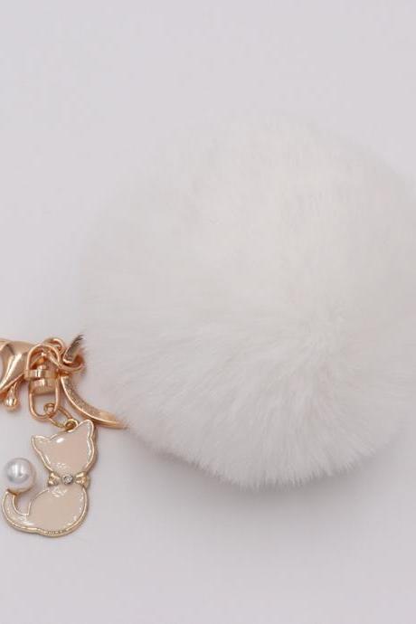 Lovely Pearl Cat Pendant Imitation Rex Rabbit Fur Ball Key Ring Lady Fur Bag Pendant Plush Pendant-9