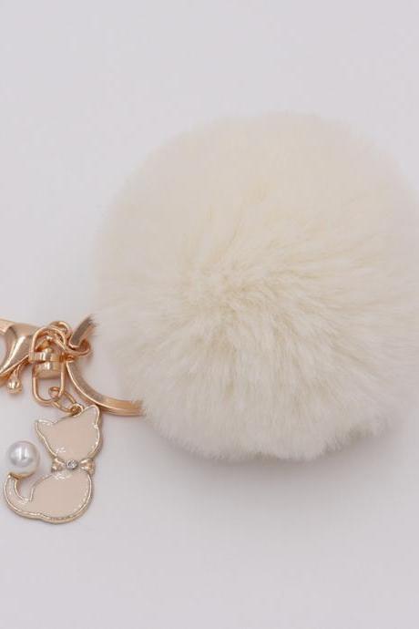 Lovely Pearl Cat Pendant Imitation Rex Rabbit Fur Ball Key Ring Lady Fur Bag Pendant Plush Pendant-10
