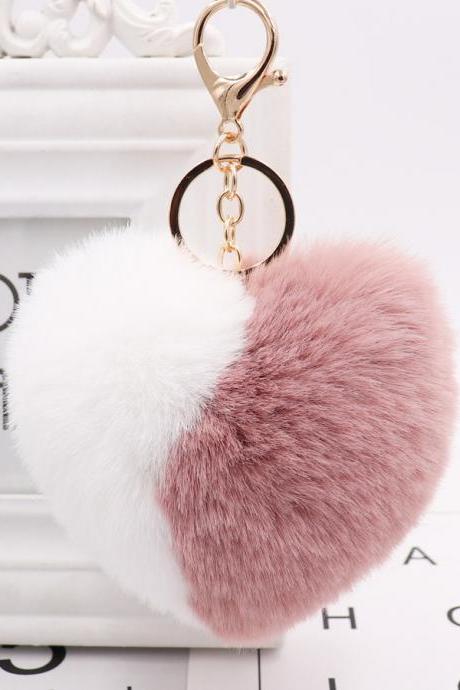 Color Matching Love Bag Pendant Peach Heart Key Ring Imitation Rex Rabbit Heart Hair Ball Pendant Fur Car Key Ring-6