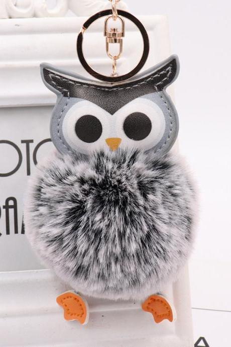 Cute owl hairball Keychain PU leather cartoon Plush Doll pendant bag car Pendant Gift-1