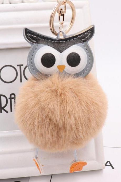 Cute owl hairball Keychain PU leather cartoon Plush Doll pendant bag car Pendant Gift-2