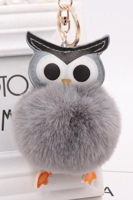 Cute owl hairball Keychain PU leather cartoon Plush Doll pendant bag car Pendant Gift-4