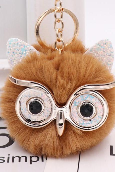 Gretel owl Plush key ring imitation rabbit hair ball bag pendant fur car pendant-7