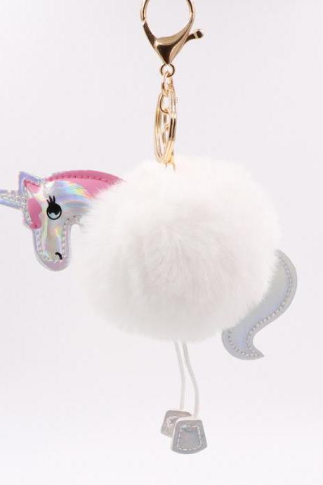 Unicorn Key Ring Imitation Rex Rabbit Hair Ball Pendant Pu Leather Cartoon Pony Plush Bag Key Ring-1
