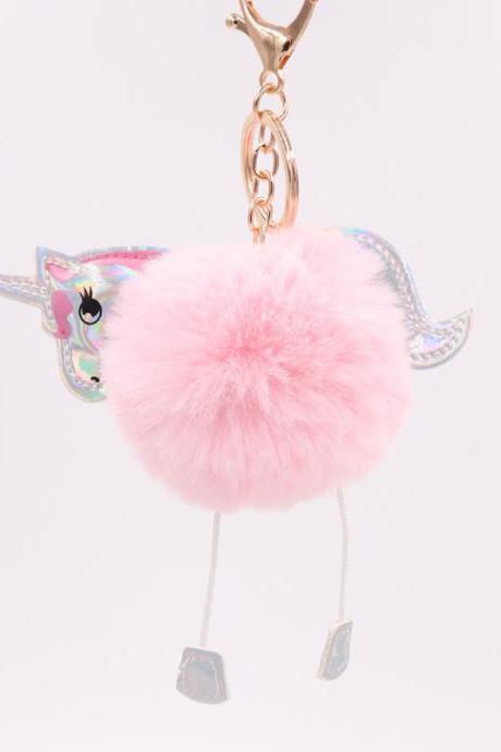 Unicorn Key Ring Imitation Rex Rabbit Hair Ball Pendant Pu Leather Cartoon Pony Plush Bag Key Ring-3