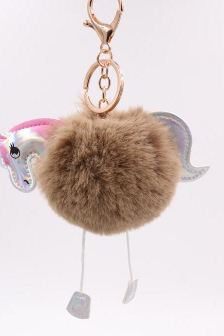 Unicorn Key Ring Imitation Rex Rabbit Hair Ball Pendant Pu Leather Cartoon Pony Plush Bag Key Ring-5