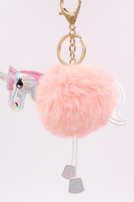 Unicorn Key Ring Imitation Rex Rabbit Hair Ball Pendant Pu Leather Cartoon Pony Plush Bag Key Ring-6