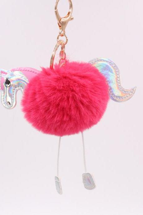 Unicorn Key Ring Imitation Rex Rabbit Hair Ball Pendant Pu Leather Cartoon Pony Plush Bag Key Ring-7