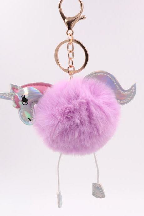 Unicorn Key Ring Imitation Rex Rabbit Hair Ball Pendant Pu Leather Cartoon Pony Plush Bag Key Ring-8