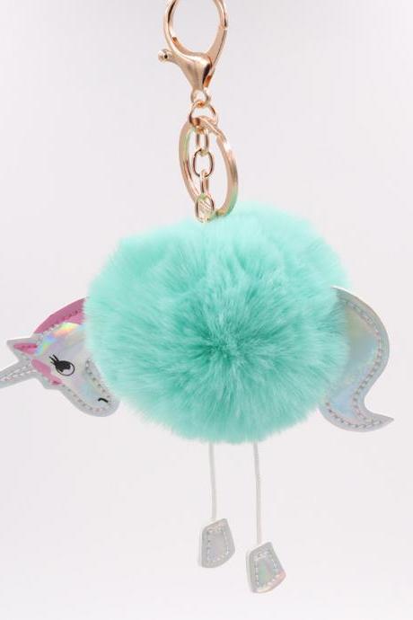 Unicorn Key Ring Imitation Rex Rabbit Hair Ball Pendant Pu Leather Cartoon Pony Plush Bag Key Ring-9