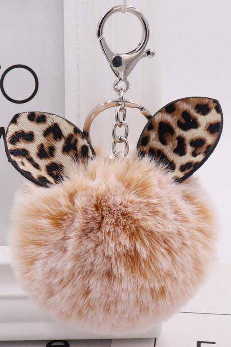 Leopard Ear Hair Ball Key Chain Women's Bag Pendant Plush Car Key Chain Pendant-1