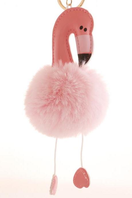 Pu Leather Flamingo Hair Ball Key Chain Plush Schoolbag Key Chain Pendant Small Gift-4