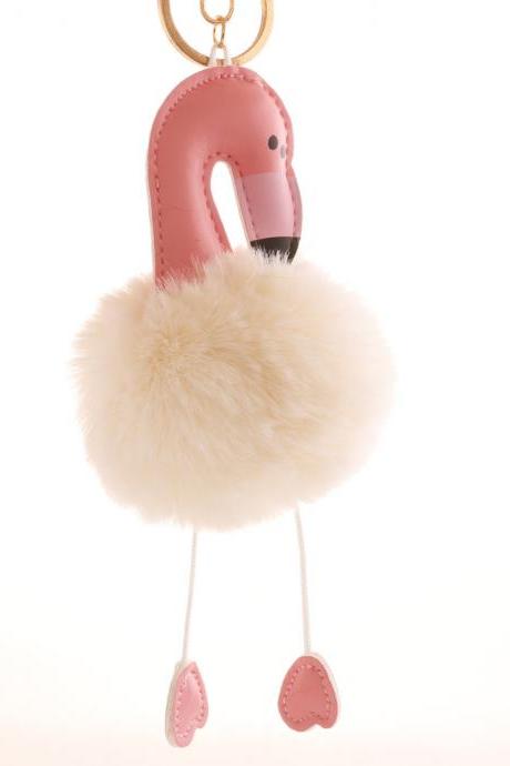 Pu Leather Flamingo Hair Ball Key Chain Plush Schoolbag Key Chain Pendant Small Gift-5