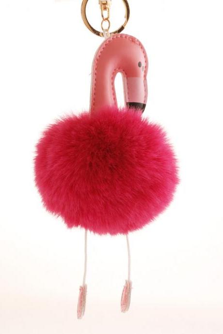 Pu Leather Flamingo Hair Ball Key Chain Plush Schoolbag Key Chain Pendant Small Gift-7