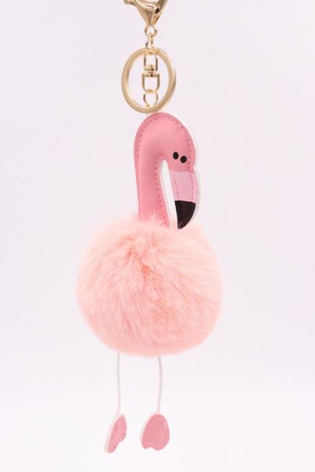 Pu Leather Flamingo Hair Ball Key Chain Plush Schoolbag Key Chain Pendant Small Gift-9