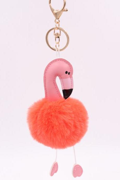 Pu Leather Flamingo Hair Ball Key Chain Plush Schoolbag Key Chain Pendant Small Gift-10
