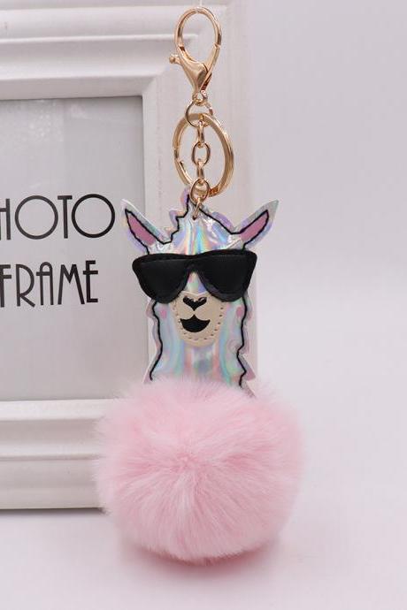 Black Glasses Alpaca Hair Ball Pendant Lady Fur Bag Key Chain Plush Doll Pendant-2