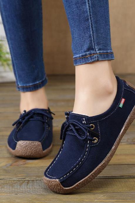 Autumn And Winter Soft Sole Lace Up Comportable Casual Flats-blue