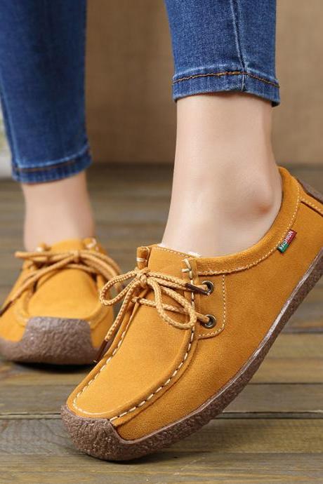 Autumn And Winter Soft Sole Lace Up Comportable Casual Flats-yellow(cotton)