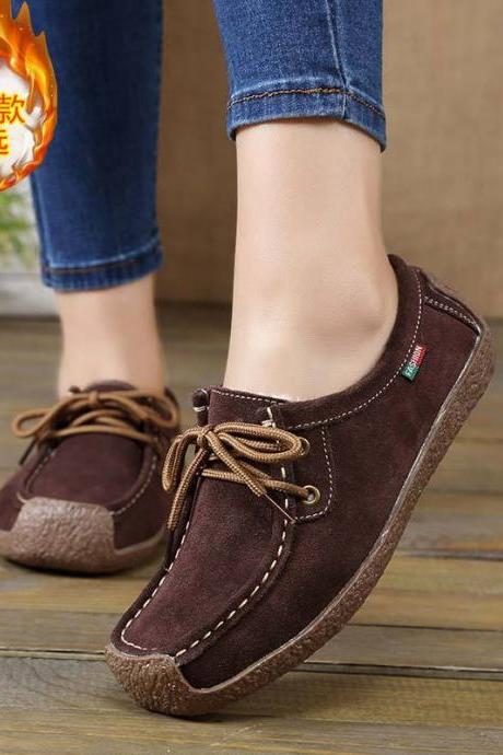 Autumn And Winter Soft Sole Lace Up Comportable Casual Flats-coffee(cotton)