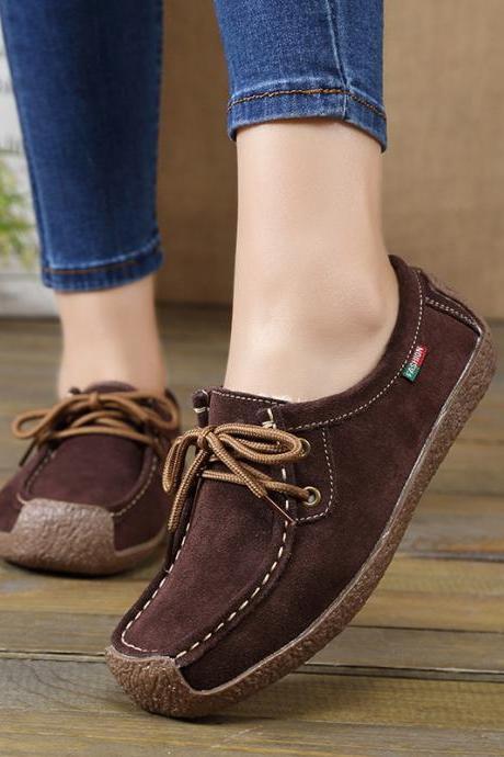 Autumn And Winter Soft Sole Lace Up Comportable Casual Flats-coffee