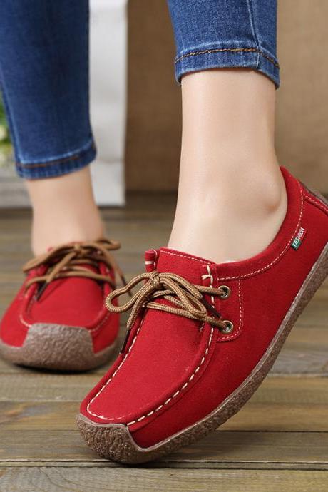 Autumn And Winter Soft Sole Lace Up Comportable Casual Flats-red