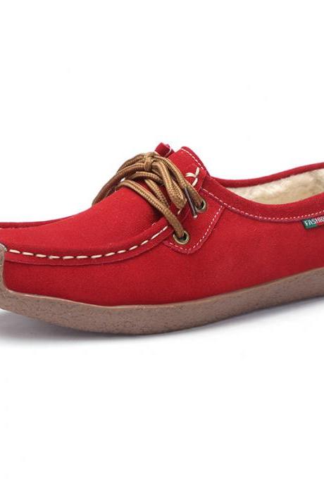 Autumn And Winter Soft Sole Lace Up Comportable Casual Flats-red(cotton)