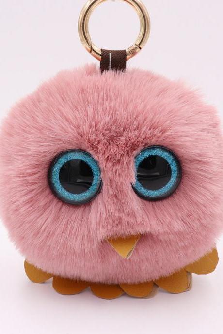 Owl Hairball Key Chain Pu Leather Imitation Wool Big Eye Bird Bag Car Pendant-3