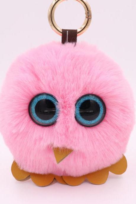 Owl Hairball Key Chain Pu Leather Imitation Wool Big Eye Bird Bag Car Pendant-6