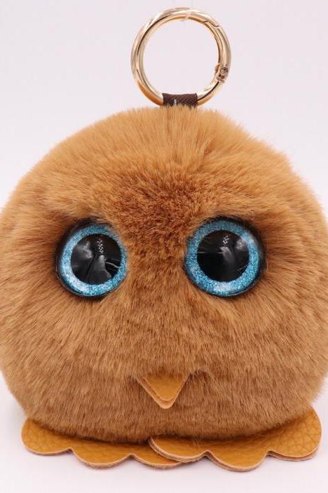 Owl Hairball Key Chain Pu Leather Imitation Wool Big Eye Bird Bag Car Pendant-15