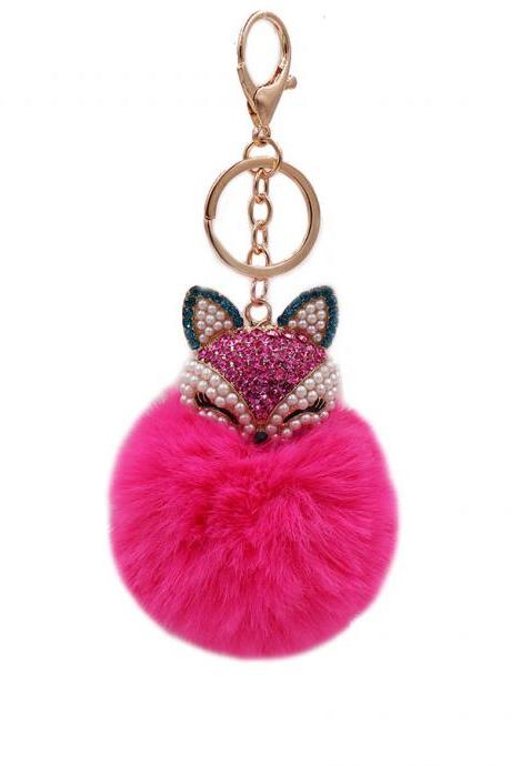 Diamond Inlaid Alloy Fox Head Wool Ball Bag Pendant Imitation Rex Rabbit Plush Key Chain-1