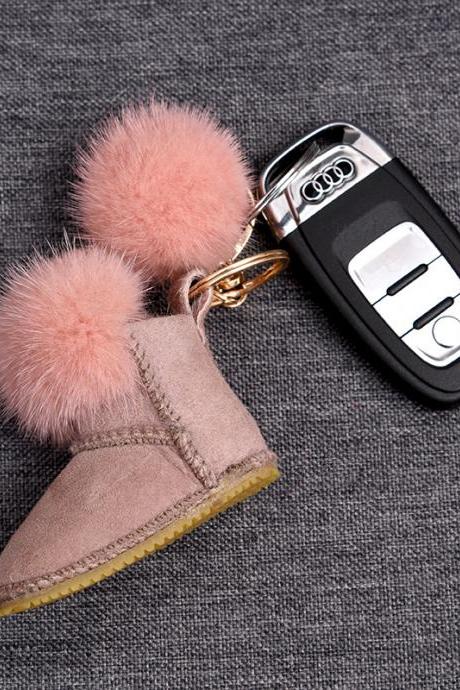 Mink fur snow boots simple metal key ring Plush bag Pendant-1