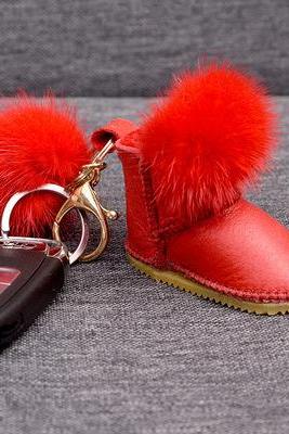 Mink fur snow boots simple metal key ring Plush bag Pendant-2